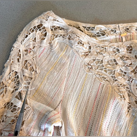 Free People Cream Lace & Striped Detail Peasant Top, XS - Picture 3 of 14